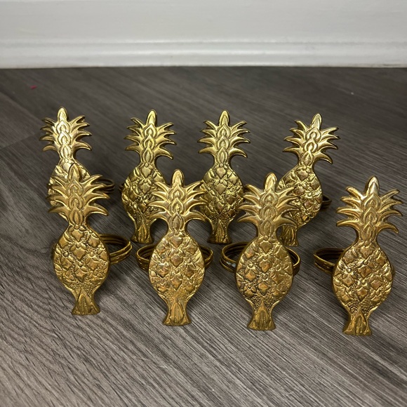 PINAPPLE Vintage Brass Napkin Rings set of 8 gold - Picture 1 of 4